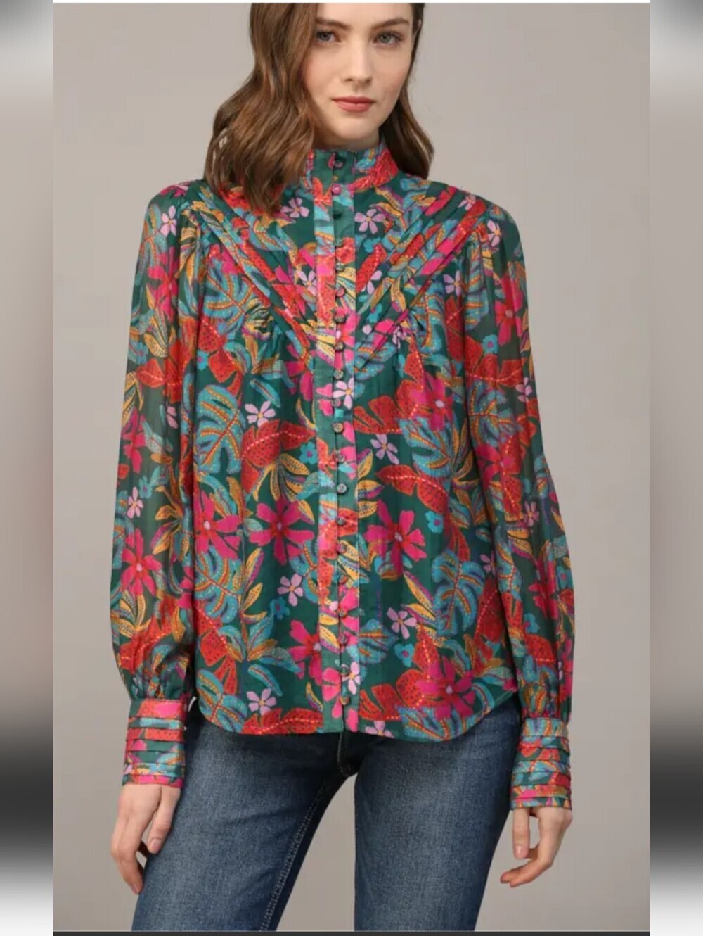 Fate Teal Floral Button-Down Blouse with Pink & Orange Accents